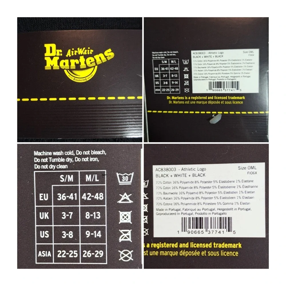 2-Pairs Dr. Martens Crew Socks Athletic‎ Logo Black/Gray Size M/L